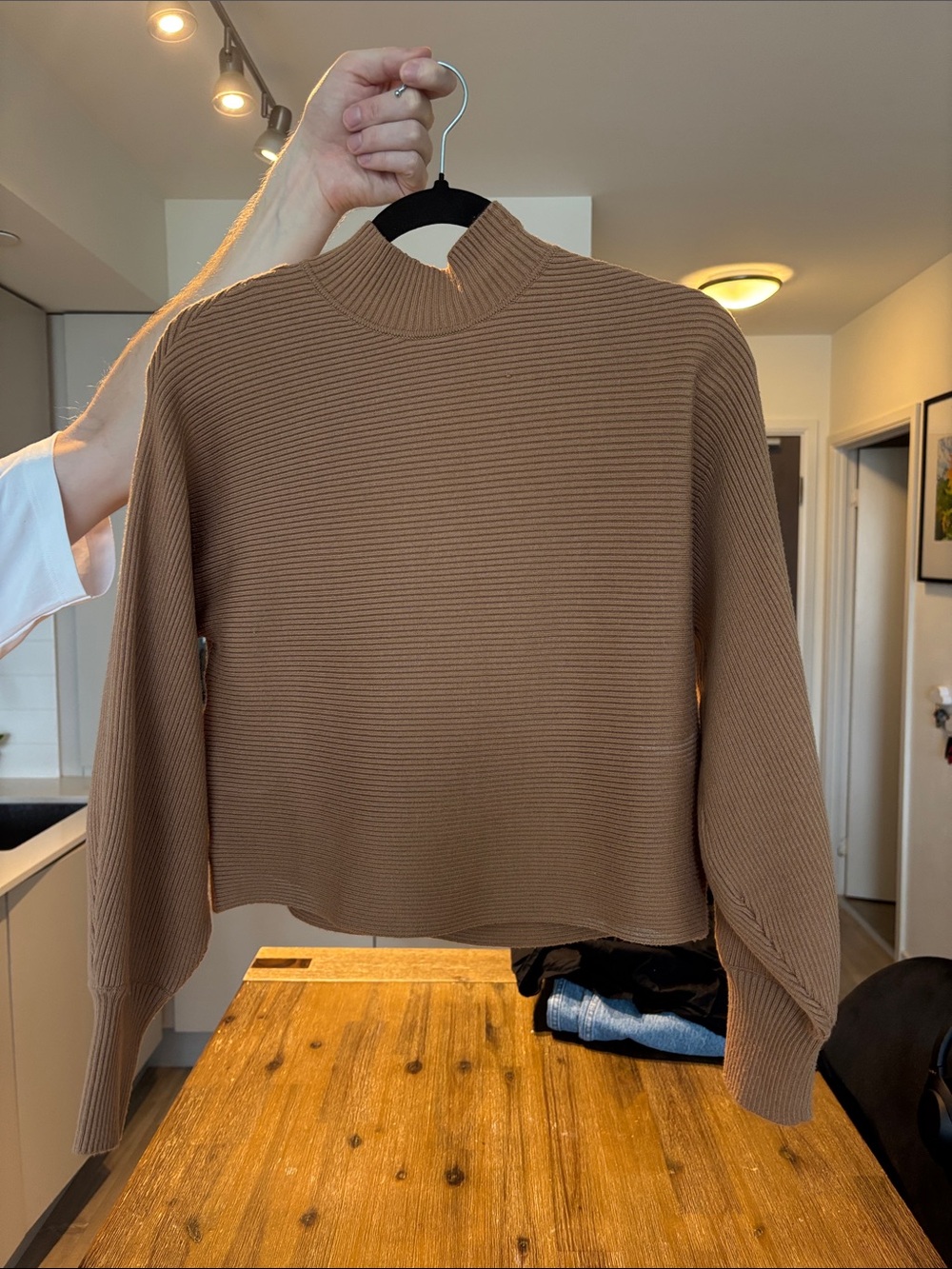 Zara Ribbed High-Neck Sweater in Camel Brown